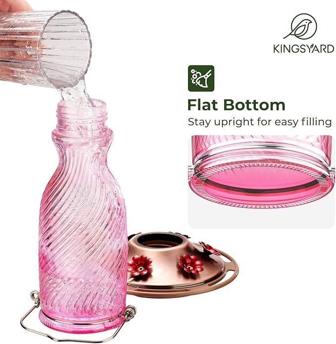 Kingsyard Glass Hummingbird Feeders for Outdoors, 24 oz Hummingbird Nectar Feeder for Outdoors Garden Yard D�cor, 6 Feeding Ports, Ant Moat Included, Easy to Clean & Refill, Pale Pink