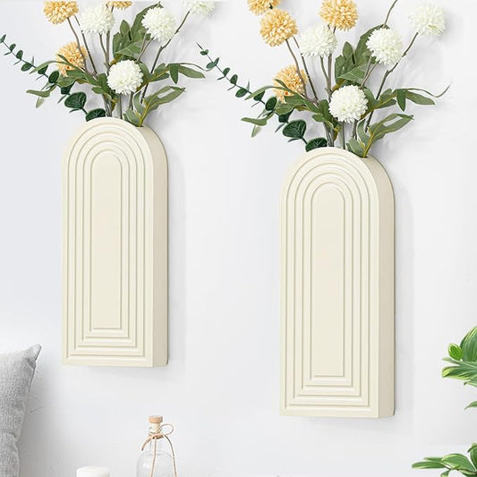 Wooden Wall Planter Vase Set of 2, Boho Hanging Planter for Indoor Plants & Flowers, Natural Wood Wall-Mounted Planters for Art Home Decor - Living Room, Bedroom, Bathroom, Patio (Milky White)