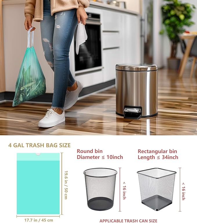 AYOTEE Compostable Trash Bags 4 Gallon Drawstring Trash Bags,100 Counts Ultra Strong Unscented Garbage Bag Small TrashBags Waste Basket Liners for Bathroom, Kitchen, Car, Pet
