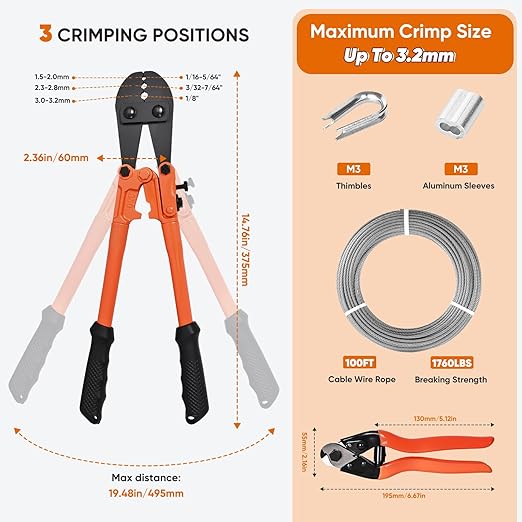 100FT 1/8" Stainless Steel Cable with Wire Rope Crimping Tool and Cable Cutter, 1760 lbs Breaking Strength, 7x7 Strands Aircraft Cable for Deck Railing, Porch Fence, String Light