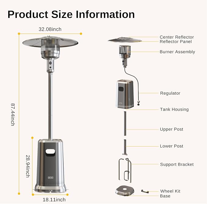 EAST OAK Anti-rust 50,000 BTU Patio Heater for Outdoor Use With Double-Layer Stainless Steel Burner, Table Design and Wheels, Propane Patio Heater for Home and Commercial, Stainless Steel
