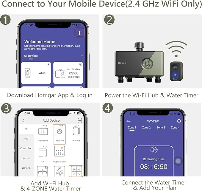 Diivoo Smart Garden Watering System, WiFi Timer with 4 Outlets Compatible with Alexa, 24 Custom Irrigation Plans, Rain Delay Function, and Dual Watering Modes for Lawns & Yards