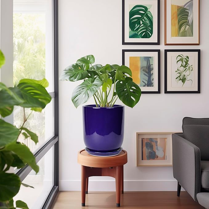 10 Inch Plant Pot - Ceramic Pot for Indoor Plants Large Planter Modern Outdoor Flower Pot with Drainage Hole and Saucer for Home Patio Decor Blue