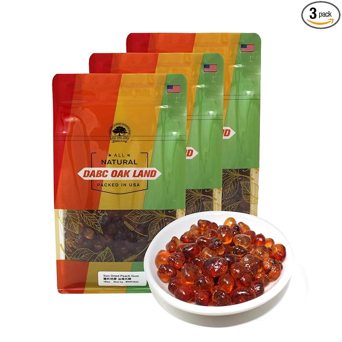 DABC OAK LAND Wild Peach Gum, 100% Natural Edible Peach Blossom, Tears Tao Jiao Peachs Resin, Collagen Boosting for Skin & Health, Food Additives Free for Dessert, Drink, Soup, 1LB of 3 Bags total3LB