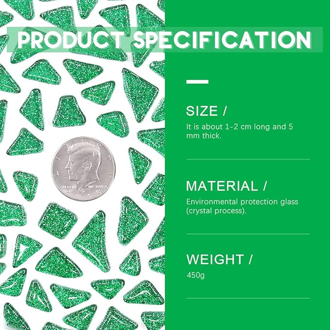 Swpeet 1 Pound Green Shine Crystal Series Mosaic Tiles Assortment Kit, Square and Triangle Genuine Mosaic Tiles Glitter Crystal Mosaic Perfect for Home Decoration Crafts