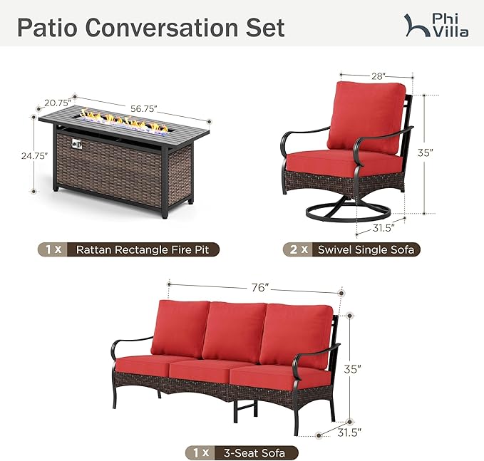 Patio Furniture Set with 56" Fire Pit Table, Premium Outdoor Wicker Metal Frame Furniture with Upgraded Waterproof Thick Cushions for Porch, Poolside, Deck, and Yard （4 Pieces,Red