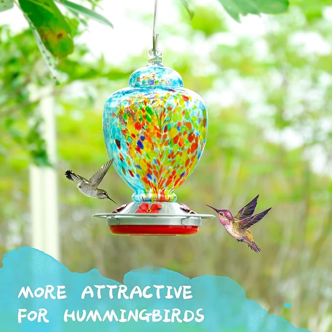 Yinns Glass Hummingbird Feeder for Outdoor Hanging Ant and Bee Proof, Hand Blown Glass Feeder with Ant Moat, Backyard Decoration, Garden Gifts for Women