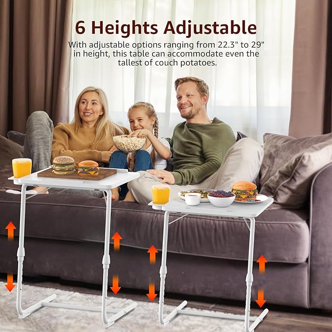 TV Trays Set of 4 - Folding TV Tray Adjustable Dinner Trays for Eating On Couch Wooden Tables Mate Stand Foldable White Desk with Cup Holder Portable
