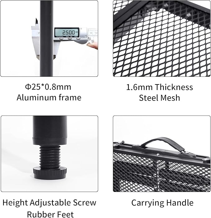 Small Folding Table 2FT Grill Table Foldable Camping Table Picnic Portable Mesh 2 Height Adjustable Outdoor Beach BBQ Black 23.6×15.7 inch