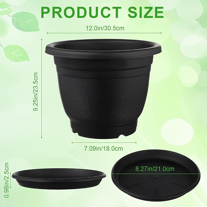 12 Pack Plastic Plant Pots Round Planter Pots with Saucer Tray Seedling Pot Hole Seed Resin Plant Pot Starting Nursery Flower Container with Pallet for Garden Outdoor Indoor (Black,12'')
