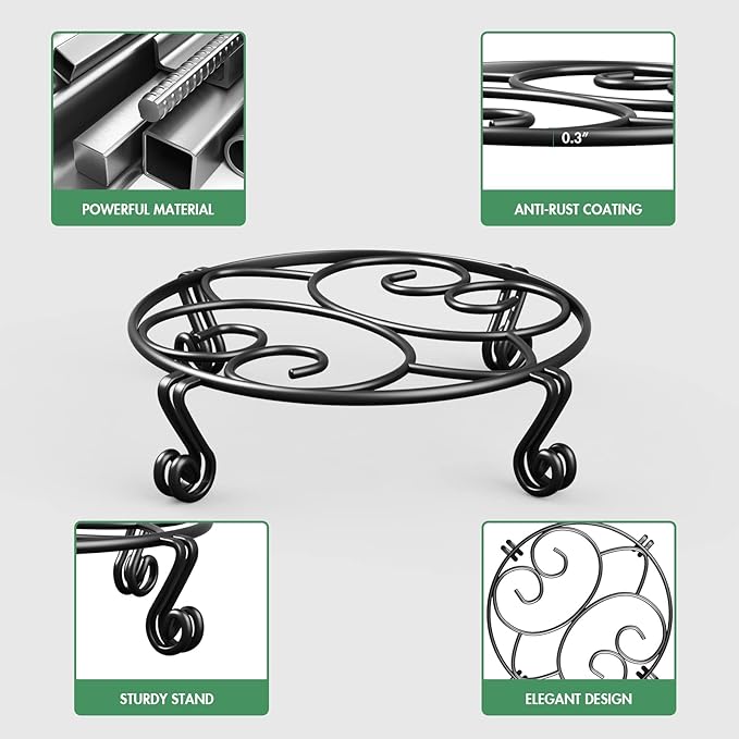 Yimobra Metal Plant Stand for Flower Pot 4 Pack Heavy Duty Potted Holder Indoor Outdoor Rustproof Iron Garden Container Round Supports Rack for Planter (4PC Black 10.24 x 2.36 IN)