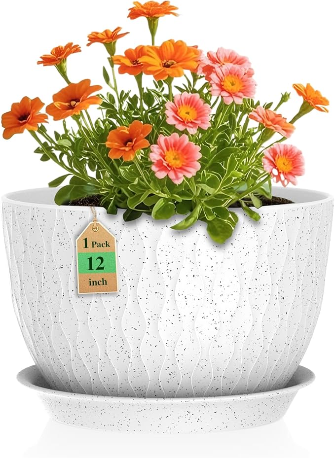 12 Inch Wide Water Ripples Flower Pots for Indoor or Outdoor Plants, Large Plant Pots with Drainage Holes & Saucer, Plastic Planters Set for Garden & Home Decor (White with Black Speckles)