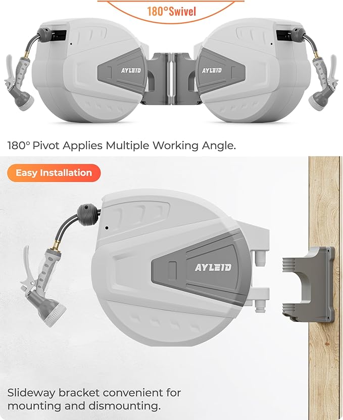 Ayleid Retractable Garden Hose Reel,1/2 in x 130 ft Wall Mounted Hose Reel, with 9- Function Sprayer Nozzle, Any Length Lock/Slow Return System/Wall Mounted/180°Swivel Bracket (Grey)