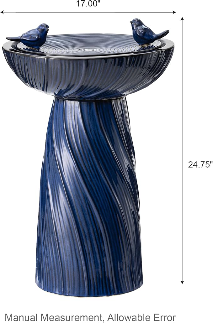Glitzhome 24.75" H Outdoor Water Fountain with LED Light, Cobalt Blue Two Birds Twist Textured Floor-Standing Fountains, Ceramic Embossed Pattern Pedestal Water Fountain for Yard Patio Backyard