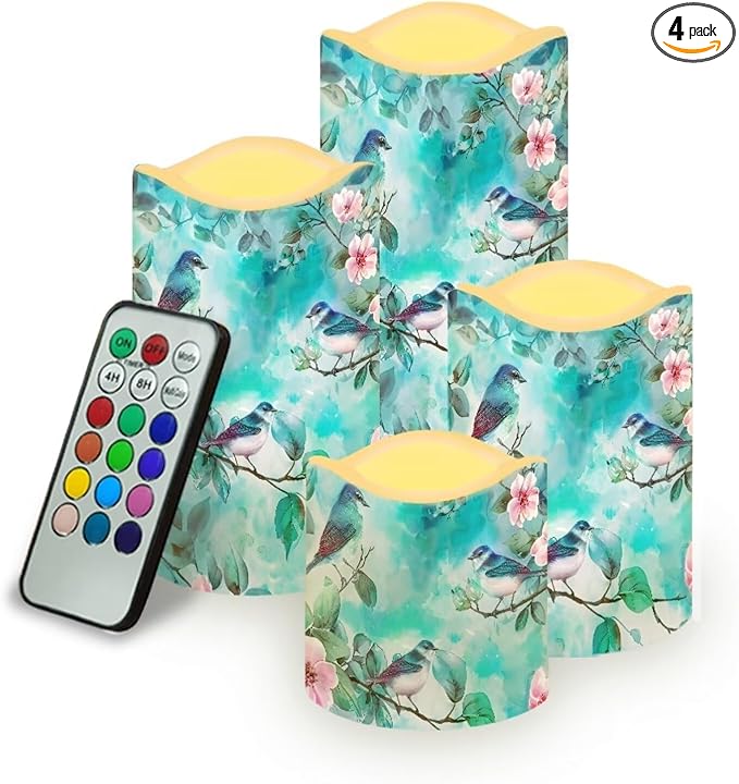 Ystardream Light Candles 4 Pack Battery Operated Color Changing Timer Remote Control Fake Pillar Tealights Beach Wedding Home Indoor Decor Modern Hummingbirds