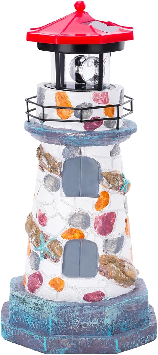 Solar Lighthouse with Rotating Beacon,11.4" Outdoor Garden Lighthouse Decor,Waterproof Statue Lighthouse Lamp for Yard Lawn Patio Gifts