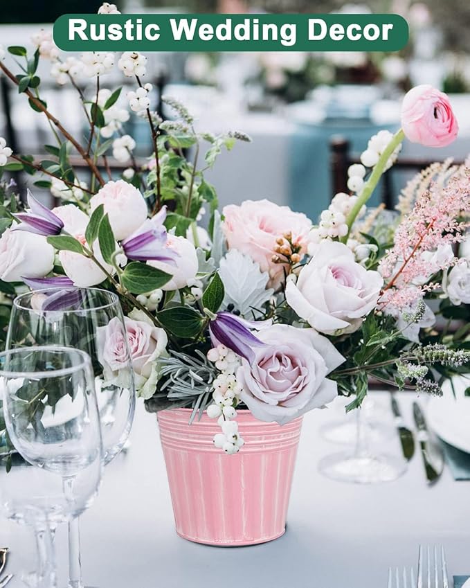 vensovo 6 Inch Pink Metal Rustic Flower Pots - 6Pcs Medium Galvanized Planters with Drainage Hole and Rubber Plug, Rustproof Metal Bucket Plant Pots Farmhouse Vintage Style for Decor