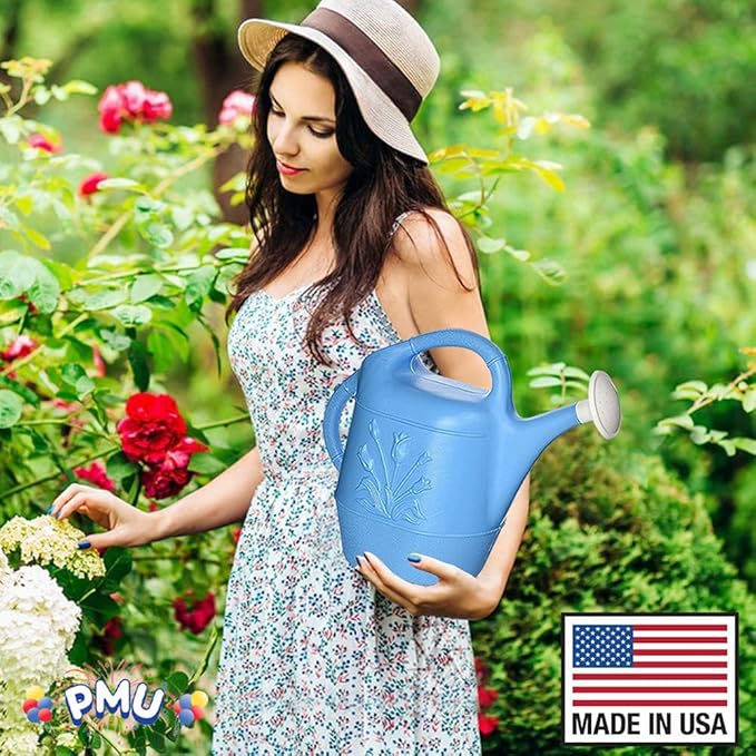 PMU 2 Gallon Watering Can - Garden Watering Can for Indoor & Outdoor Plants - Plastic Water Can with Detachable Sprinkler Head - Large Water Pot, Made in USA - Blue Pkg/3