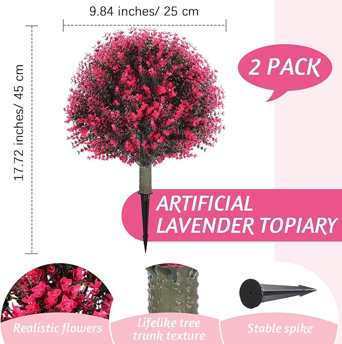 Yunlly 2 Pcs 18 Inch Artificial Boxwood Ball Topiary Tree Fake Outdoor Plants Bush, UV Resistance Faux Shrubs with Spike Realistic Greenery Potted for Indoor Garden Yard Porch Patio Decor (Rose Red)