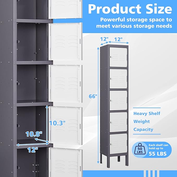 Letaya Storage Locker,5 Door Employees Metal Cabinet with Lock for School Gym Home Office Staff 66" H X 12" W X 12" D