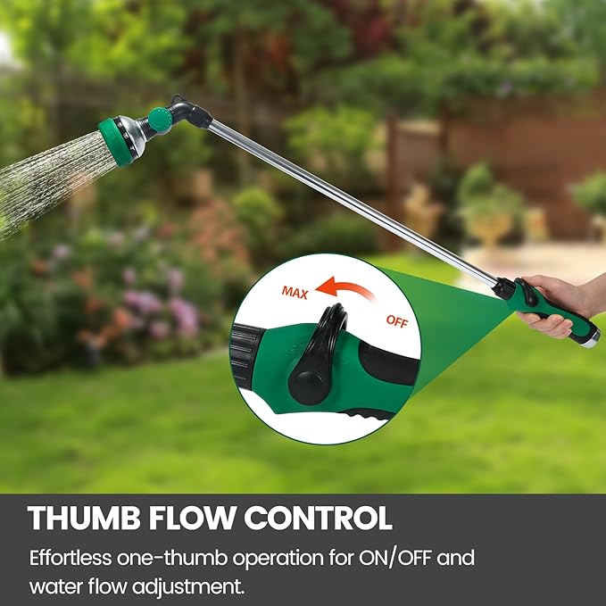 Watering Wand for Garden Hose, 30 Inch, 10 Spray Patterns, Thumb Control Garden Hose Nozzle, Adjustable Water Sprayer with Pivoting Head, Ideal for Hanging Baskets, Plants, and Shrubs, Green