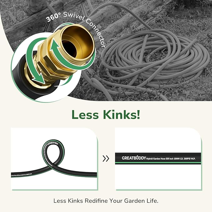 GreatBuddy 50 ft Garden Hose 5/8", Less Kink Heavy Duty Water Hose, Durable & Flexible Hose for Outdoor, Lawn, Car Washing, Pet Bathing and Household