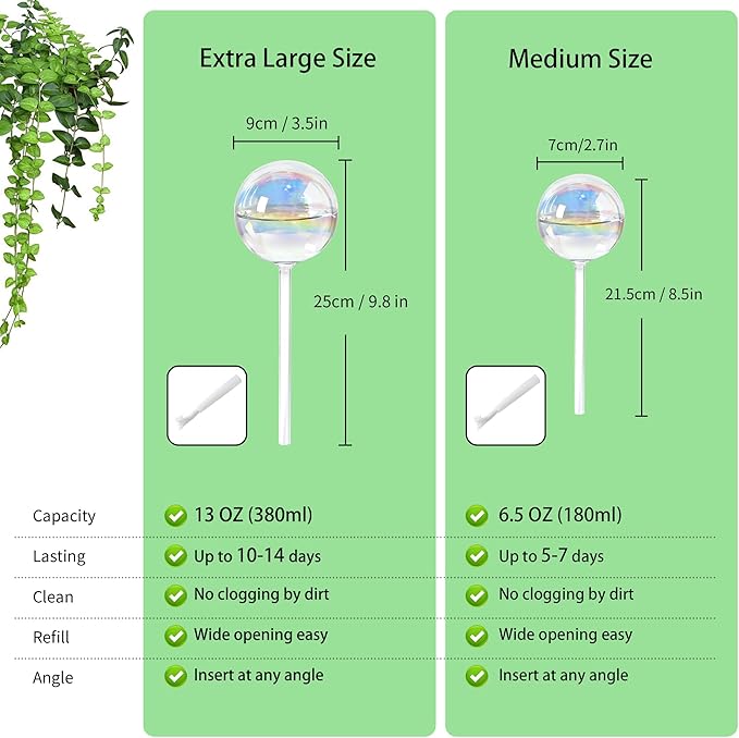 13oz Self Watering Globes (4 Pack),Large Glass Plant Water Bulbs for Vacation, Automatic Drip Irrigation,Iridescent Rainbow Watering Stakes for Indoor & Outdoor Plants (Up to 2 Weeks Hydration)