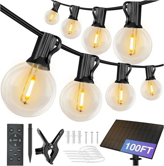 DAYBETTER 100FT Solar String Lights Outdoor Waterproof with Remote,50 LED Bulbs Dimmable&Timer,Patio Lights 3 Installation-Clips,Stakes&Nails for Outside Porch Garden Backyard Bistro
