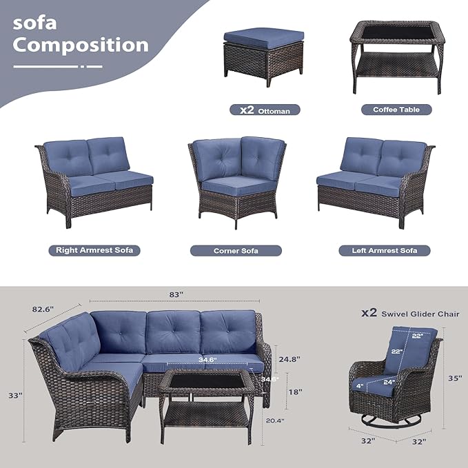 HUMMUH 8 Piece Patio Furniture PE Wikcer Outdoor Furniture Set with Sectional Sofa Swivel Patio Chairs Ottomans and Glass Coffee Table for Yard,Garden,Lawn