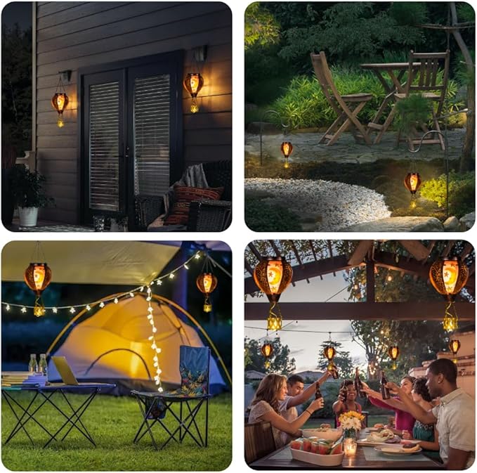 Solar Hot Air Balloon Lantern with Flame Flickering LED Metal Star Moon Hot Air Balloon Solar Lantern Outdoor Waterproof Hanging Outdoor Light for Garden,Yard,Porch Mother Day Gift for Women