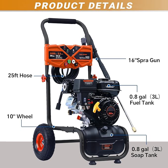 3500PSI Gas Pressure Washer, 2.3GPM Gas Powered High Pressure Washer with 209CC Engine, 4 Adjustable Nozzles, 25 ft High Pressure Hose for Cleaning Walls, Terraces, Vehicles, Gardens (Orange)
