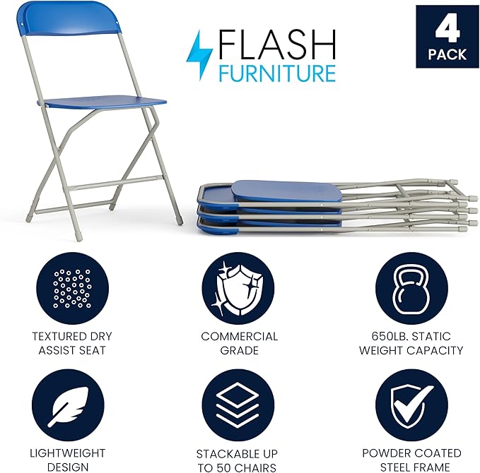 Flash Furniture Hercules Series Plastic Folding Chair - Blue - 4 Pack 650LB Weight Capacity Comfortable Event Chair-Lightweight Folding Chair