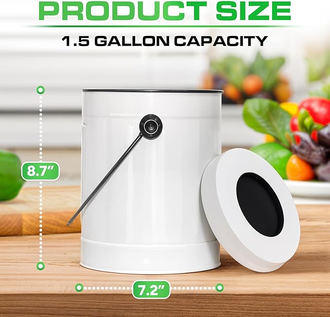 Plexon Countertop Compost Bin Kitchen with Lid, 1.5 Gallon Odorless Kitchen Compost Container, Steel Food Bucket with Charcoal Filter, Pail for Countertop, White