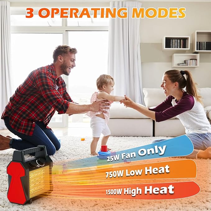 1500W PTC Electric Space Heater with Overheat & Tip-Over Protection, Portable Indoor Outdoor Heater with 3 Modes, Small Fan, Quiet for Bedroom, Garage, Patio