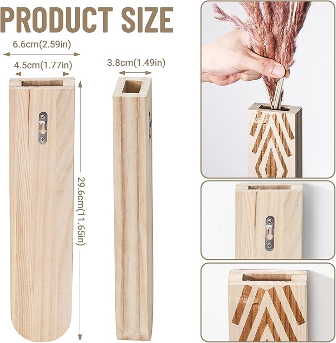 Wooden Wall Planter Set of 4 - Modern Bohemian Home Decor for Living Room, Bedroom, Bathroom - Beige Finish Planter for Dried Flowers, Faux Greenery, Indoor Plants