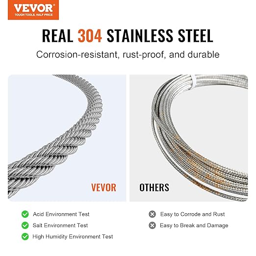 VEVOR 1/16 Wire Rope Kit, 66 FT Wire Rope Crimping Tool 304 Stainless Steel Cable, 160 Sleeves, 12 Thimbles, 7x7 Strands Construction Marine Aircraft Grade for Handrail Stair Decking Fence Outdoors