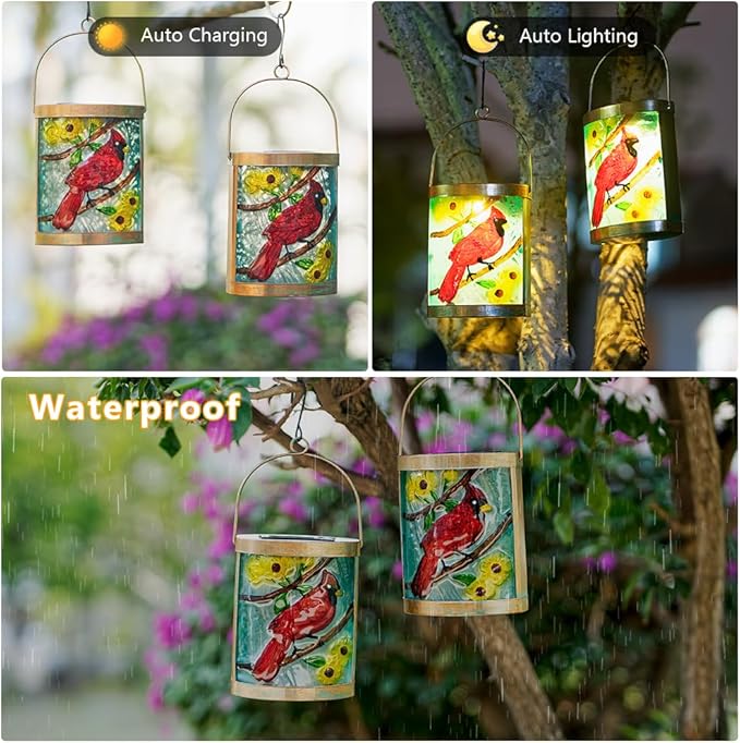 Starsoul 2 Pack Hanging Solar Lantern Outdoor Waterproof Glass Red Cardinal Decorative Solar Lights for Outside Garden Yard Table Patio Decor Cardinal Gifts