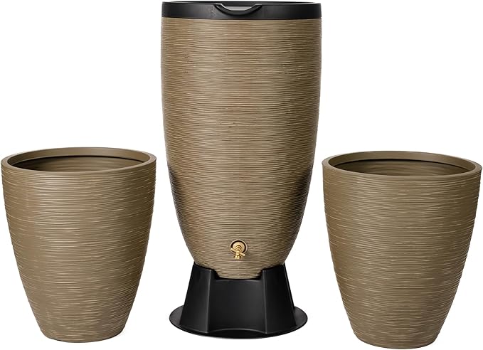 Newport 50‑Gallon Flat‑Back Rain Barrel with Stand & Planter Bundle – Sandstone | Removable Lid, UV-Stabilized Outdoor Water Storage