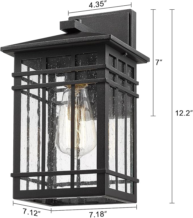Outdoor Wall Lantern, Exterior Light Fixture Mount, 1-Light Waterproof Lighting With Seeded Glass for Porch, Garage, Patio, Hallway, Entryway, Black