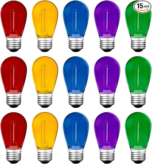 Meconard 15Pack S14 Colored LED String Light Bulbs,1 Watt Plastic Shatterproof Waterproof Outdoor Indoor Replacement Bulbs for Home Decor, E26 Medium Base, Multi-Color: Red/Green/Blue/Orange/Purple