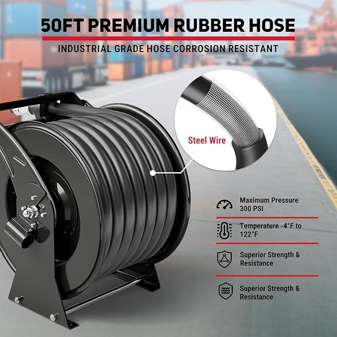 Retractable Fuel Hose Reel with Refueling Nozzle 1" x 50ft Spring Driven Diesel Hose Reel 300 PSI Industrial Auto Swivel Heavy Duty Steel Construction Reel for Ship Vehicle Tank Truck, Black