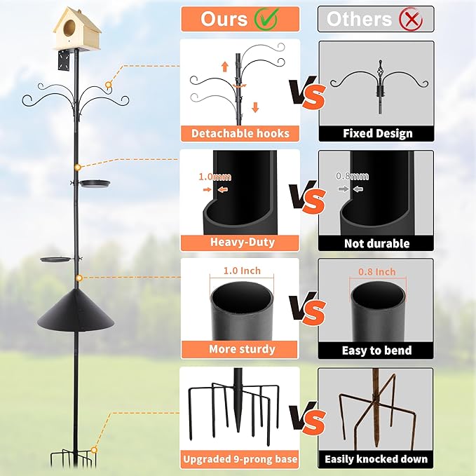 eWonLife 92 Inch Bird Feeder Pole with Squirrel Baffle & Upgraded 9-Prong Base, Adjustable Bird House Pole for Outdoors Heavy Duty, Bird Feeder Stand Post Station with 4 Shepherd Hooks, Birdbath, Tray