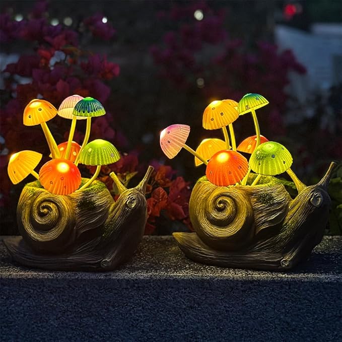 1 Pack Solar Garden Mushroom Snail Statue Gift, Solar Outdoor Sculpture Outdoor Patio Art, Porch Deck Balcony Front Garden Decoration, Unique House Warming Gift