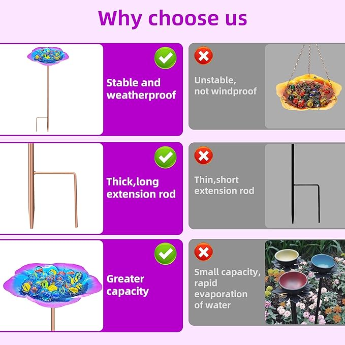 Bee Watering Station-Purple Butterfly Puddler Bee Bath & Feeder with Metal Stakes - 30 Glass Marbles, Vivid Flower Design, Garden Yard Decor (Purple-2PACK)