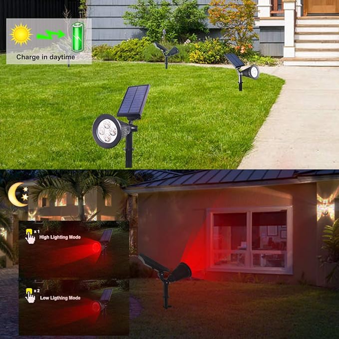 Solar Lights Outdoor, 4-LED Solar Spotlight LED Landscape Lights IP67 Waterproof Solar Powered Landscaping Lights Outdoor Lighting for Tree Garden Yard Patio(2 Pack, Red)