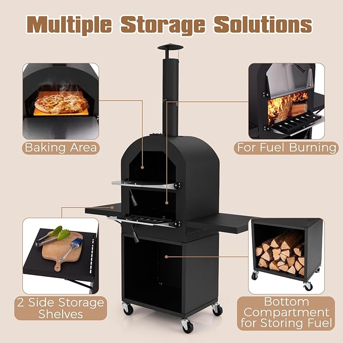 HAPPYGRILL Outdoor Wood Fired Pizza Oven w/Firewood Storage, Side Shelves, Patio Pizza Maker wi/Pizza Stone & Peel, 2 Cooking Grills & Thermometer, Portable Pizza Stove for Backyard Party Camping