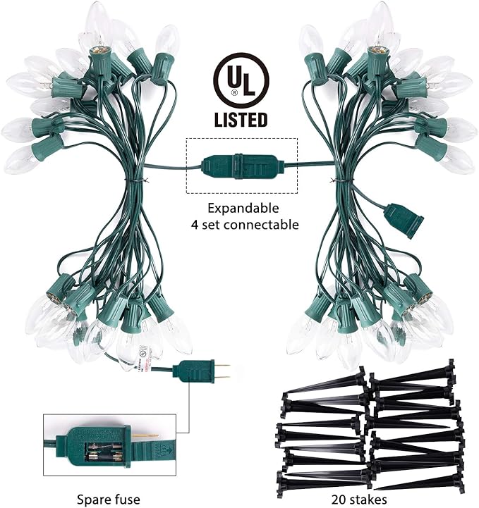 C9 Christmas Pathway String Lights Outdoor - 2 Pack Total 51.4 FT 40 Clear Lights with 40 Stakes, Connectable Waterproof Walkway Lights for Indoor Xmas Party Holiday Commercial Decoration, Warm White