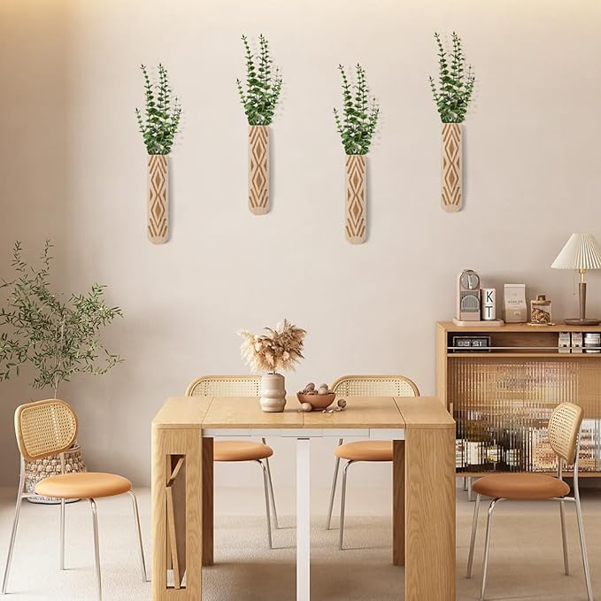 Wooden Wall Planter Set of 4 - Modern Bohemian Home Decor for Living Room, Bedroom, Bathroom - Beige Finish Planter for Dried Flowers, Faux Greenery, Indoor Plants