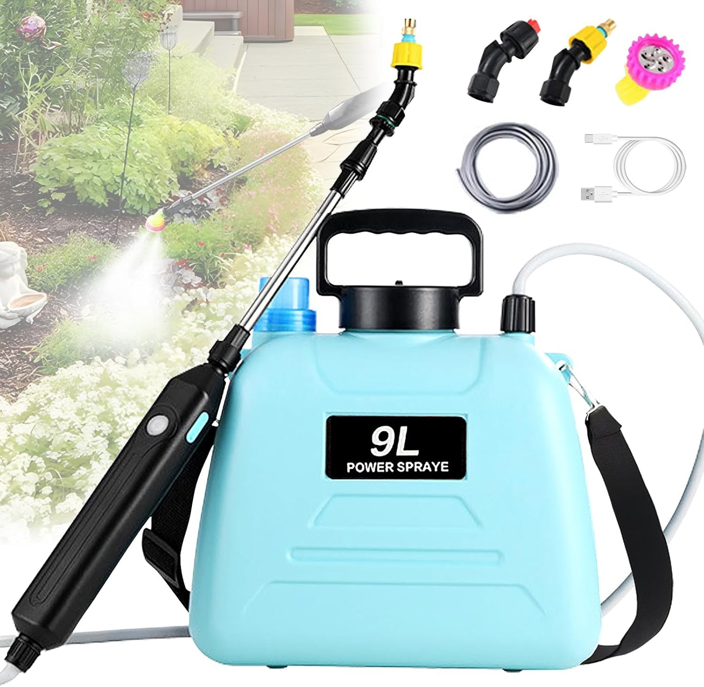 2.4 Gallon Battery Powered Sprayer, Electric Battery Operated Sprayer, Weed Power Sprayers in Lawn and Garden with Adjustable Shoulder Strap and Rechargeable Handle, 3 Mist Nozzles (Blue)