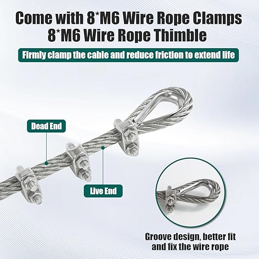 1/4" Stainless Steel Cable 75FT Wire Rope with Clamps and Thimble, 7X19 Strands Aircraft Cable for Zipline, Outdoor, Deck Railing, Heavy Duty Applications, Hanging, 6400lbs Breaking Strength